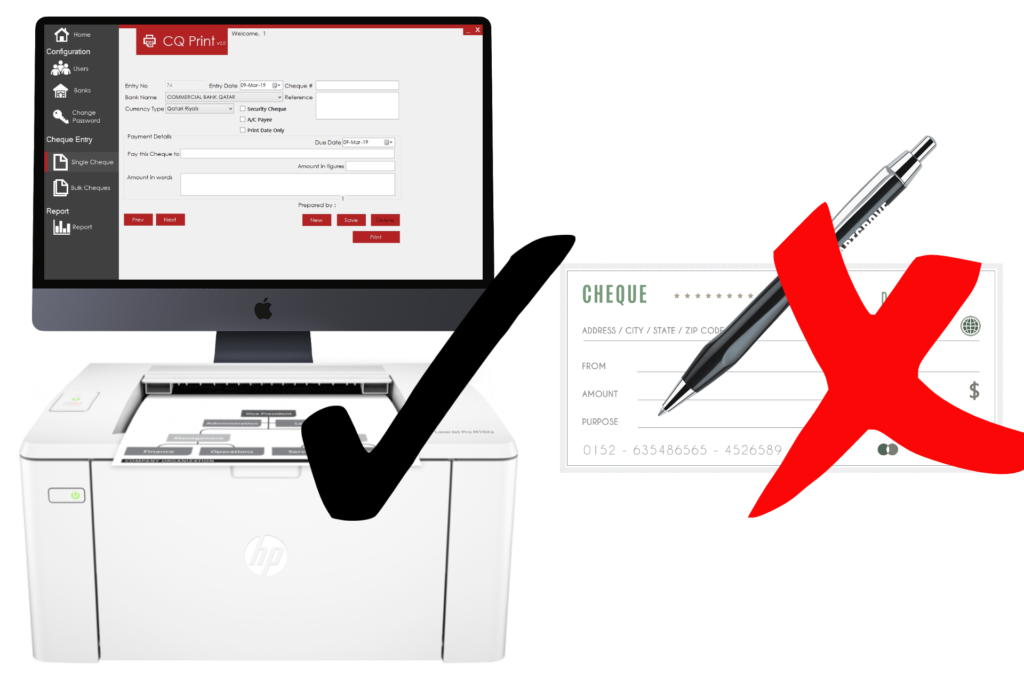 CQ Print running on a laptop next to a printer and a printed cheque